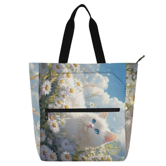 DIXRUYEE Book Tote Bag Casual Style Creatively White Cat Among Daisies Printed