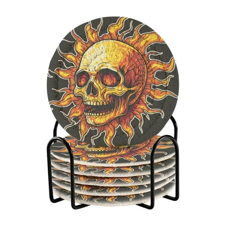 

6-Pack Polyester Coil Coasters with Holder - Heat-Resistant (140℃) Non-Slip & Durable，Flaming Skull Sun