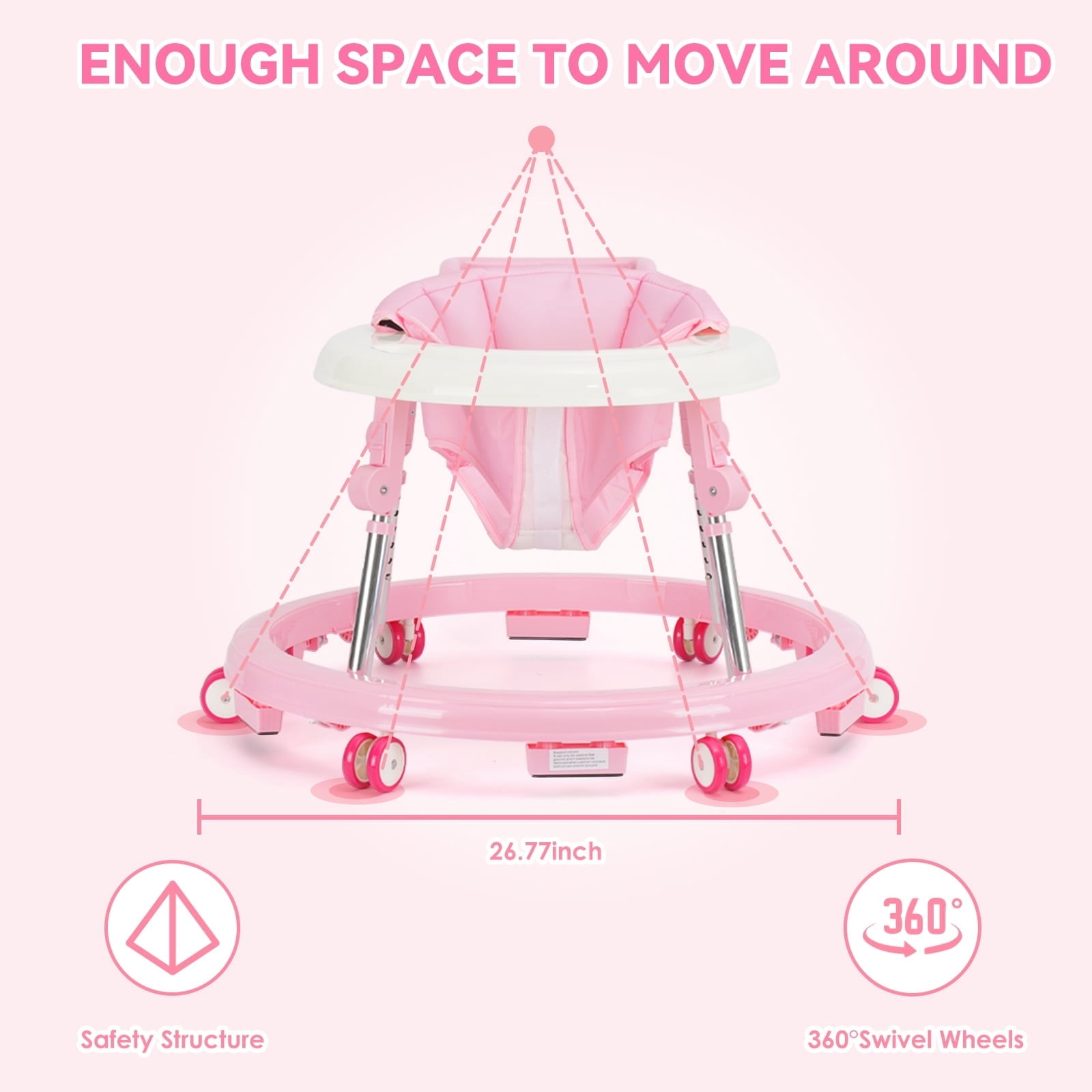 Baby Walker, Portable/Foldable/9 Adjustable Heights/With Wheels/Anti-Rolling, For Babies 6-12 Months,Pink
