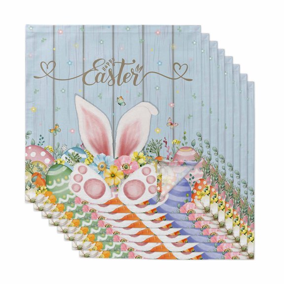 Easter Cloth Napkins, Spring Eggs Rabbit Ear Flowers Wooden Grain Washable and Reusable Dinner Napkins Set of 8, Table Napkin for Kitchen Party Birthday Wedding Hotel Housewarming 20"x20"
