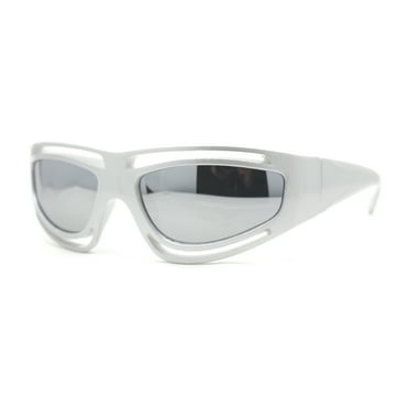 Trendy Vented 90s Sport Wrap Around Thick Arm Plastic Rectangular Sunglasses Silver - Silver Mirror