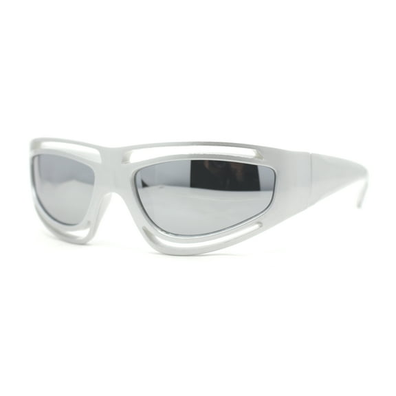 Trendy Vented 90s Sport Wrap Around Thick Arm Plastic Rectangular Sunglasses Silver - Silver Mirror