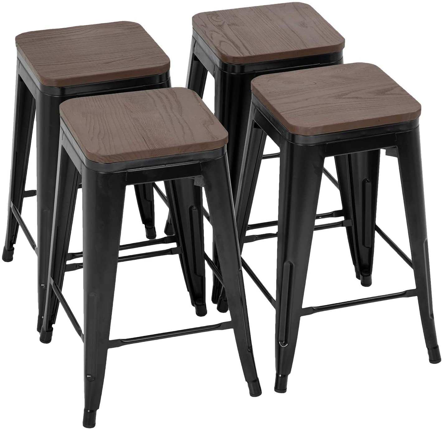 330 lbs Capacity ZENY Set of 4 Metal Bar Stools 26 Counter Height with Wooden Seat Stackable Indoor/Outdoor Barstools