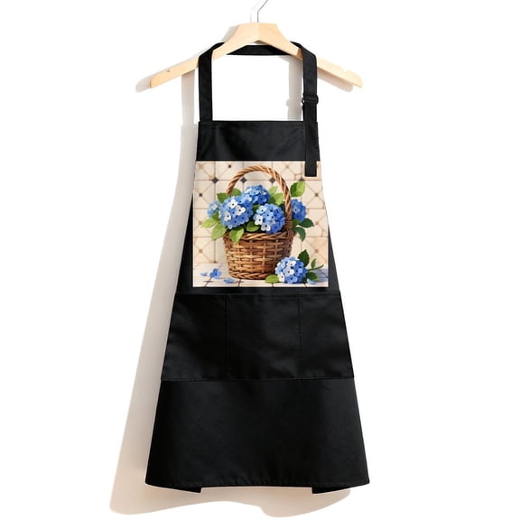 RKSupls Waterproof Bib Apron with 3 Pockets, Blue Hydrangea Flower Adjustable Neck Strap Soft 100% Polyester Water Resistant Apron for Kitchen Restaurant Home Use
