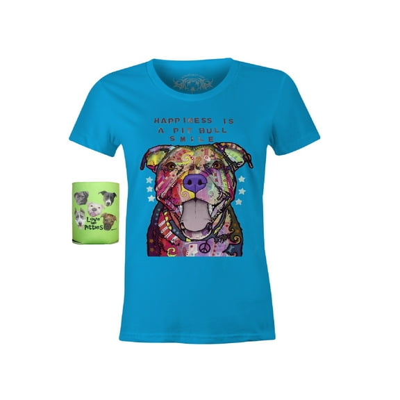 Pit Bull T-Shirt, Happiness is A Pit Bull Smile Womens' T-Shirt & Can Holder Bundle Set, Pit Bull Mom
