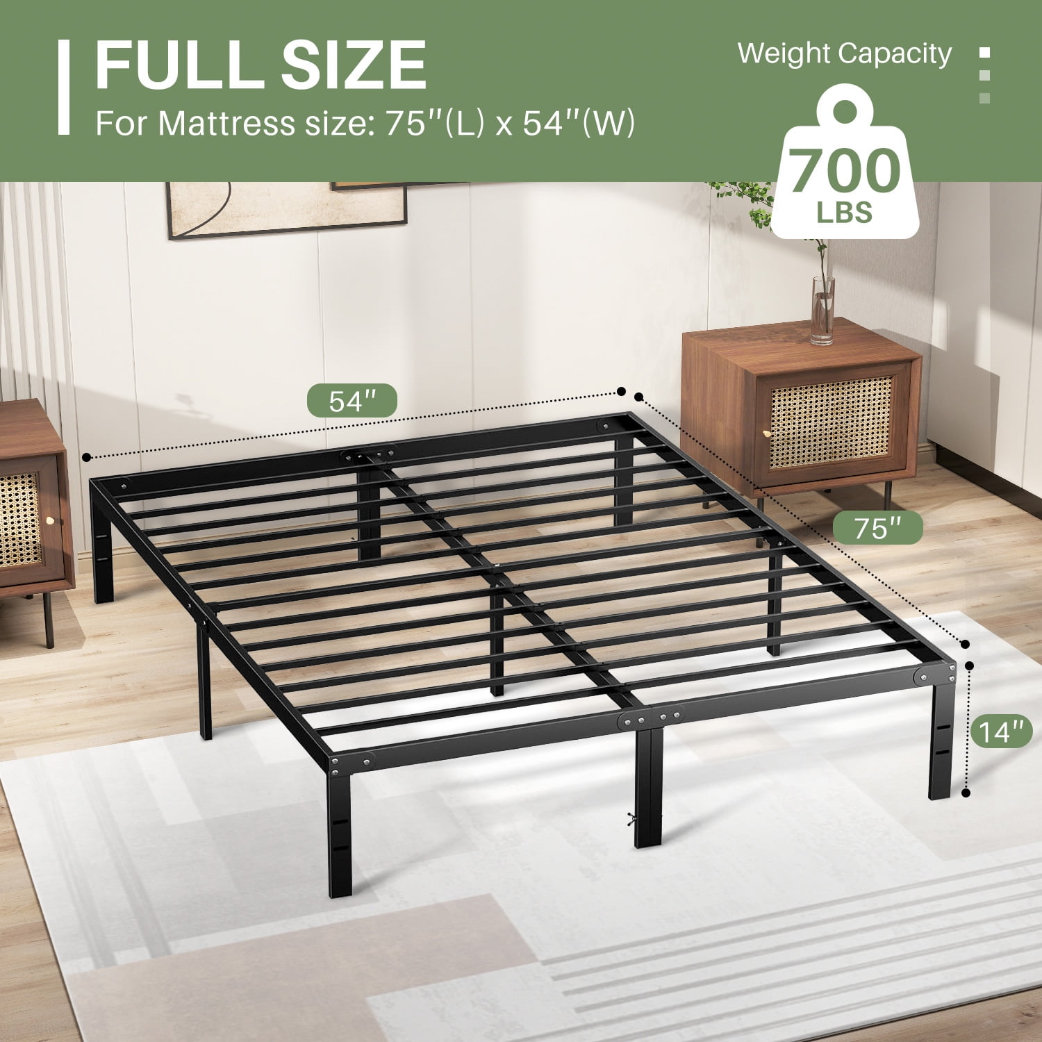 Full Size Bed Frame, 14" Height Classic Metal Platform Bed Frame Foundation with Under Bed Storage/No Box Spring Needed/Heavy Duty Metal Slats Support/Black