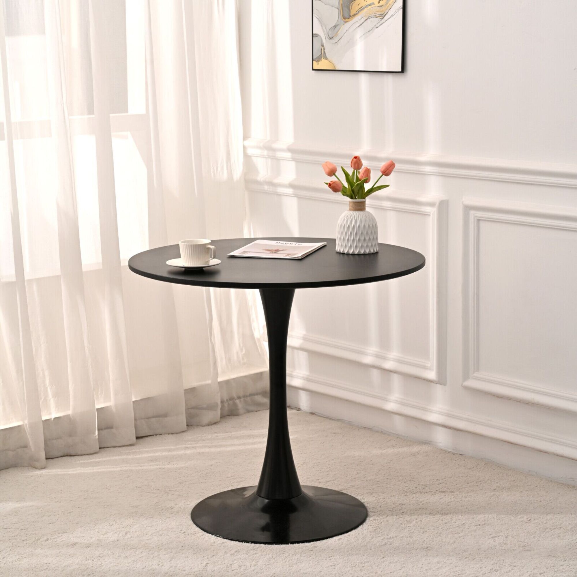 HQZX Mid Century Black Round Dining Table, Coffee Table, 31.5 Inch