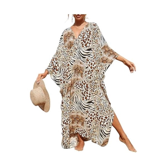 Women Animal Print Kaftan Dresses Plus Size Swimsuit Coverup 2025 Summer Bathing Suit Caftan Loungewear Beach Dress