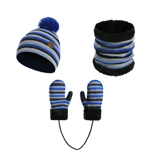 CYRBOKO Toddler Girls Beanies & Gloves & Scarves, 3 Pieces Skiing Thermal Striped Hats and Mittens Blue Size Toddler