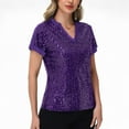 thumbnail image 2 of Women's Sequin Short Sleeve Top with Satin Trim V-Neckline and Rolled Cuffs - Small, Purple, 2 of 7