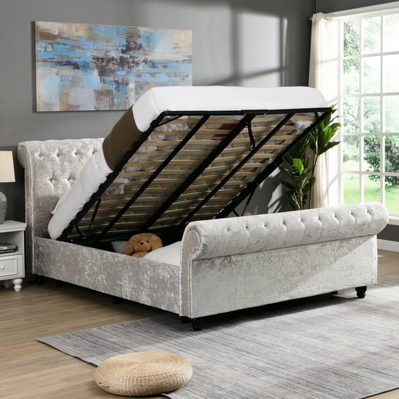 Queen Size Storage Bed With Hydraulic Lift And Comfortable Headboard Mechanism Button Tufting