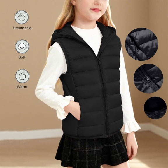 Unisex Boys Girls Solid Color Zipper Casual Puffer Vest Kids Sleeveless Lightweight Soft Warm Puffy Down Jacket with Hood Black 13-14 Years