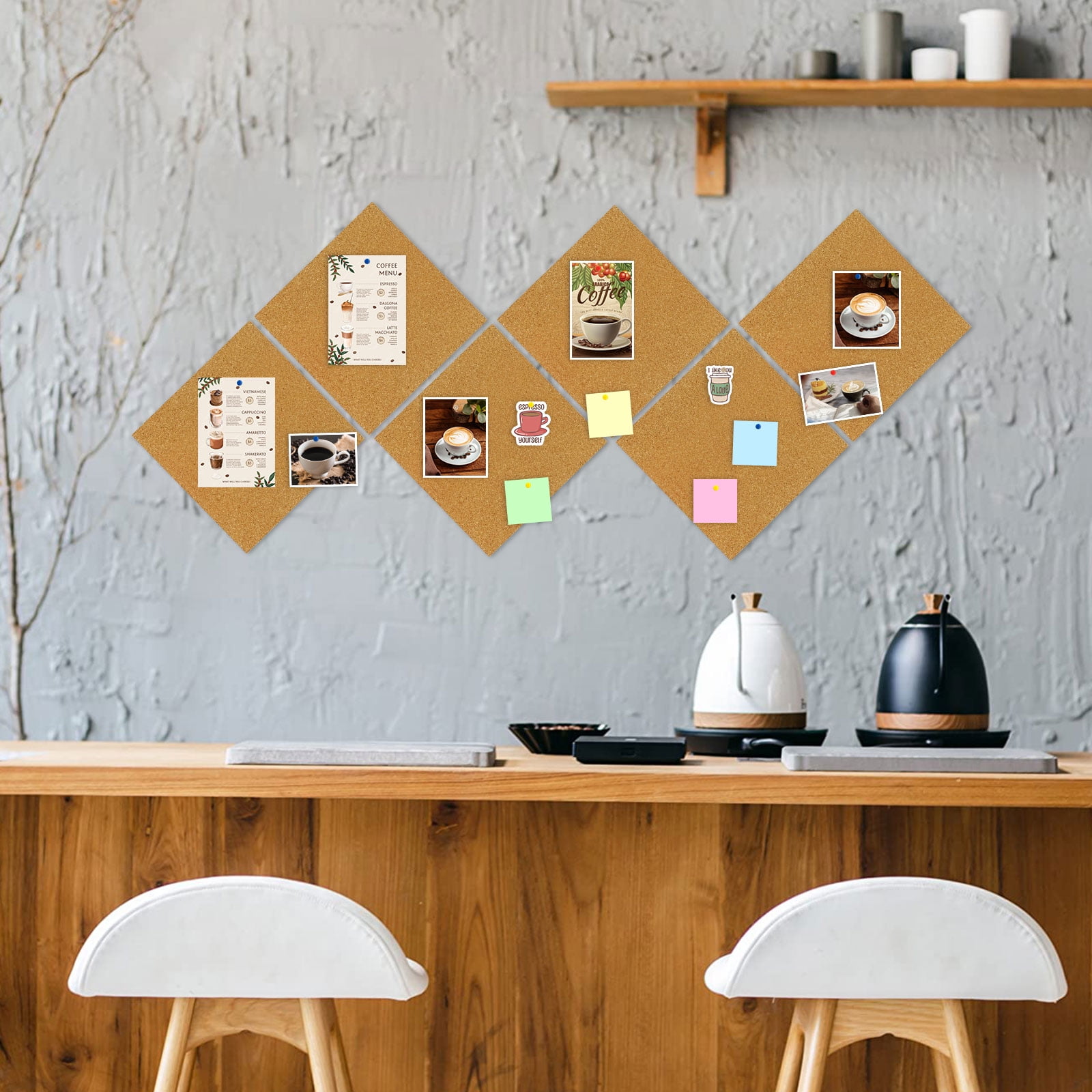 Adhesive Cork Board Tiles 6 Packs Cork Bulletin Board 12" x 12", Thick Frameless Corkboards for Walls with Pushpins for Home Office Kitchen School Decor Display, Brown