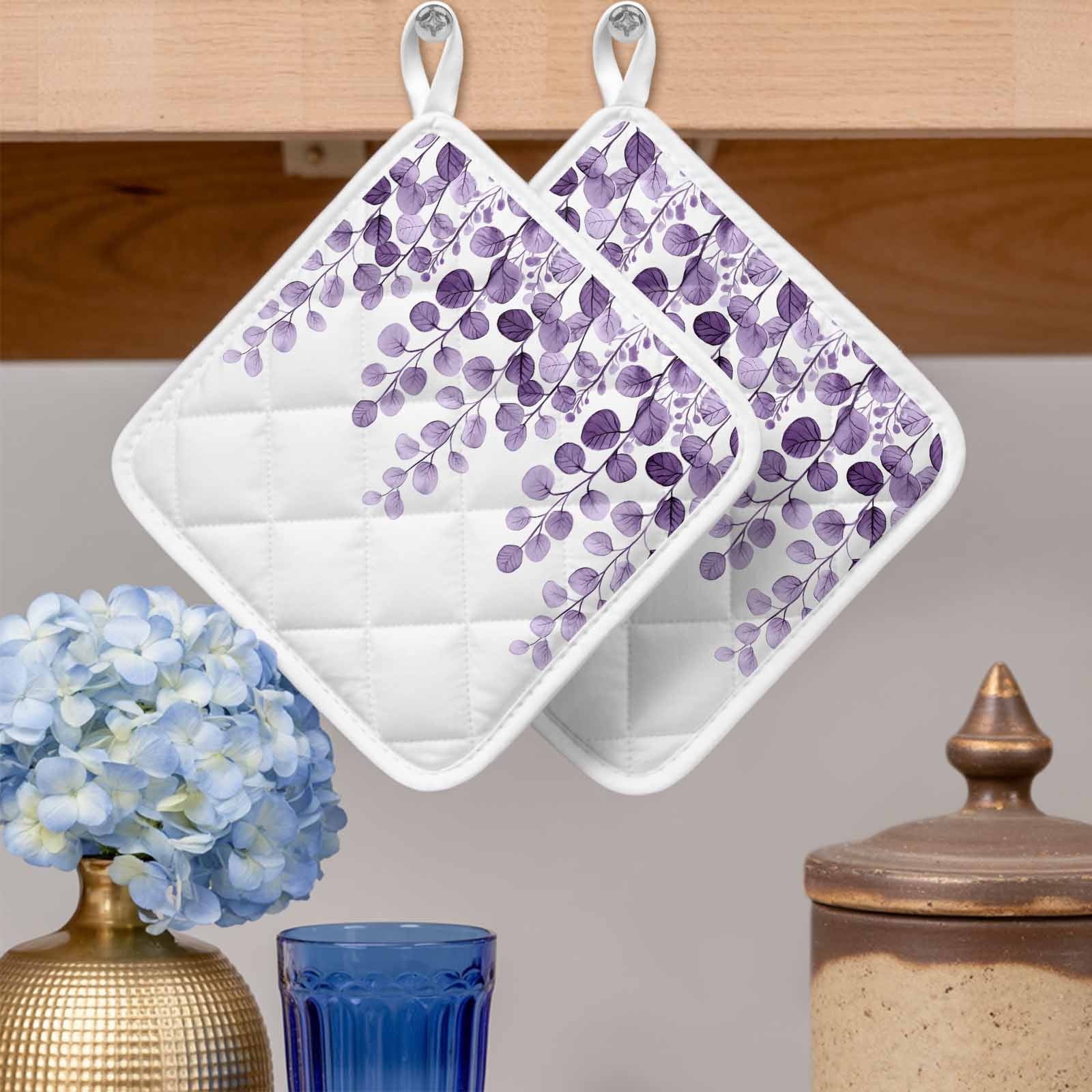 Purple Eucalyptus Leaves Pot Holders for Kitchen Heatproof Potholder, 3 Pack Watercolor Floral Leaf Plants Hot Pads Multipurpose Oven Pads Cloth Potholders Trivet for Cooking Baking