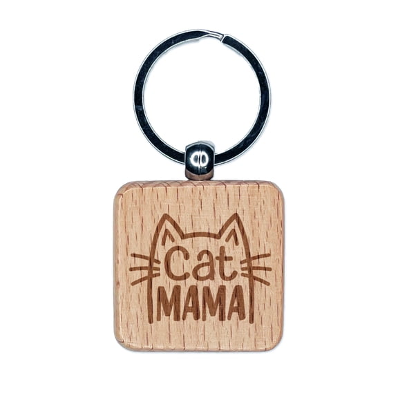 Cat Mama Mom Square Keychain Charm Tag - Engraved Wood