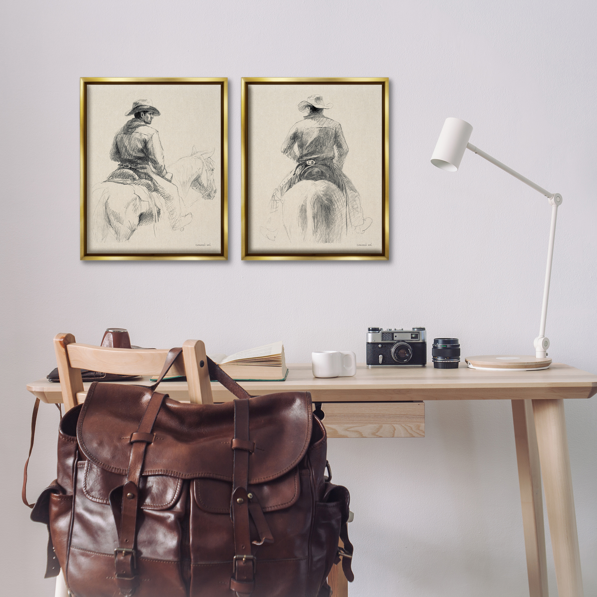 Stupell Industries Sketched Cowboy on Range People Drawing Gold Floater Framed Canvas Art Print Wall Art, 17 x 21, Set of 2