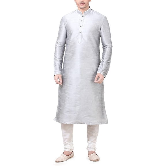 Royal Kurta Men's Silk Blend Kurta Churidar Set Silver