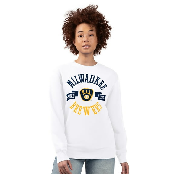 Women's G-III 4Her by Carl Banks White Milwaukee Brewers Team Logo Fleece Pullover Sweatshirt