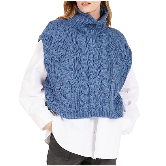 Women's Turtleneck Sweater Vests Oversized Sleeveless Cable Knitted Pullover Warm Loose Fit Cropped Tops Outfits