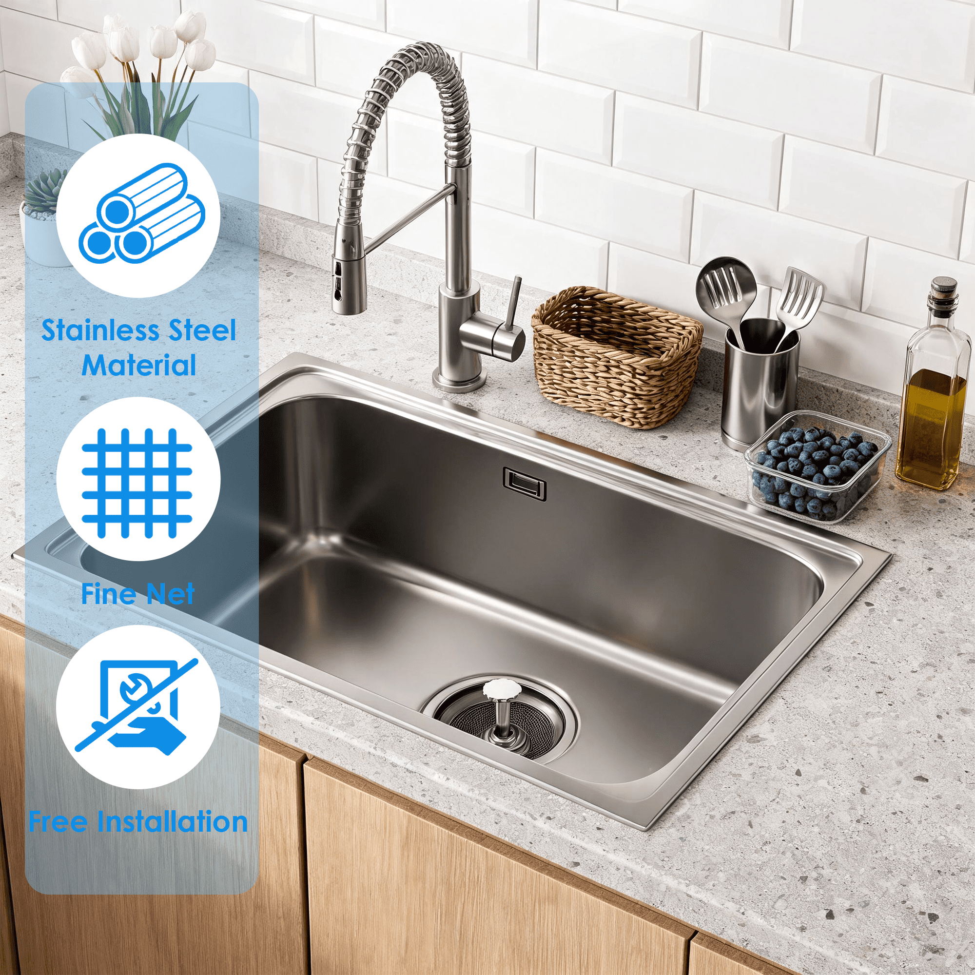 3 Pack Stainless Steel Sink Strainer with Stopper, Fine Mesh Kitchen Sink Drain Filter, Multi-Function Sink Drain Basket for Standard Kitchen Sink