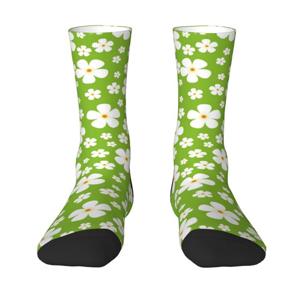 Uemuo Green White Flowers Pattern Women's Crew Socks, Soft Durable Breathable Moisture-Wicking with Odor Control Cotton socks