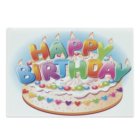 Birthday Party Cutting Board, Cartoon Style Happy Birthday Party Image Cake Candles Hearts Design Print, Decorative Tempered Glass Cutting and Serving Board, Large Size, Multicolor, by Ambesonne