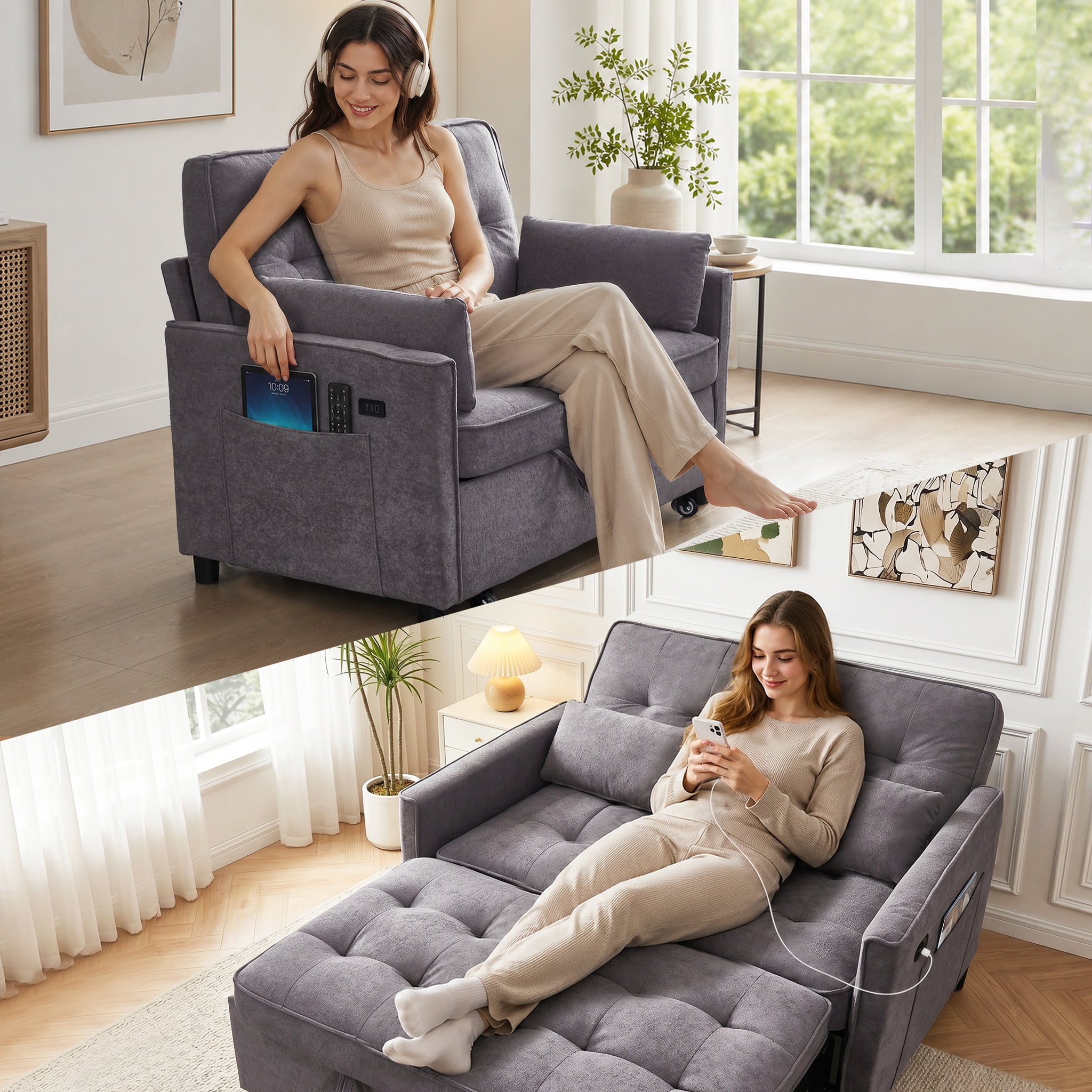 avobird 55'' 3 in 1 Pull Out Sofa Bed, Convertible Couch with Adjustable Backrest/Side Pockets/USB Charging Ports, Sleeper Sofa for Living Room, Gray