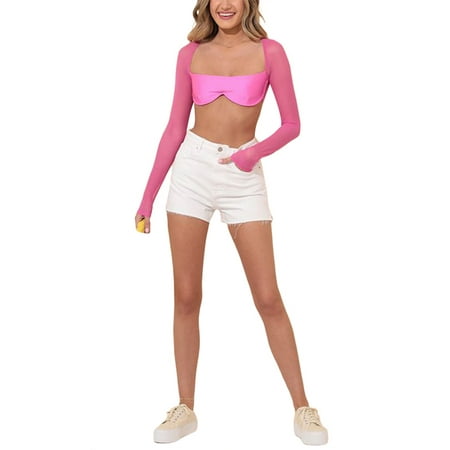 

Eyicmarn Women Long Sleeve Crop Top Square Neck Cropped Shirt Top Blouse Sexy Low Cut Bustier Top Fashion Streetwear