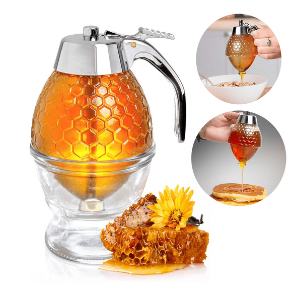 Asivwid Honey Dispenser, Glass Syrup Dispenser for Pancakes, Elegant  Honey Pot, Honey Jar with Stand Base, No Drip Sauce Dispenser for Edible Oil, Vinegar, Soy sauce