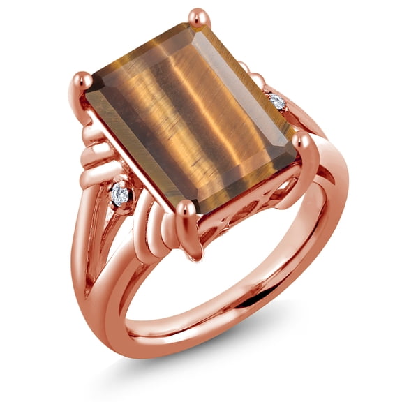 Gem Stone King 18K Rose Gold Plated Silver Brown Tiger Eye and White Diamond Engagement Ring for Women (6.53 Cttw, Gemstone Birthstone, Emerald Cut 14X10MM, Size 6)