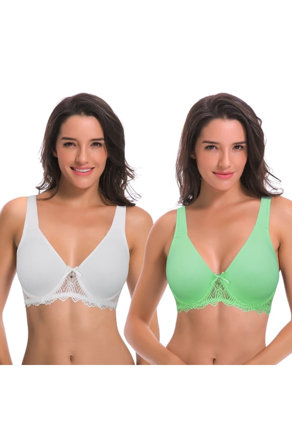 Women's Plus Size Unlined Underwire Lace Bra with Cushion Straps-2PK-WHITE,GREEN-34DDDD