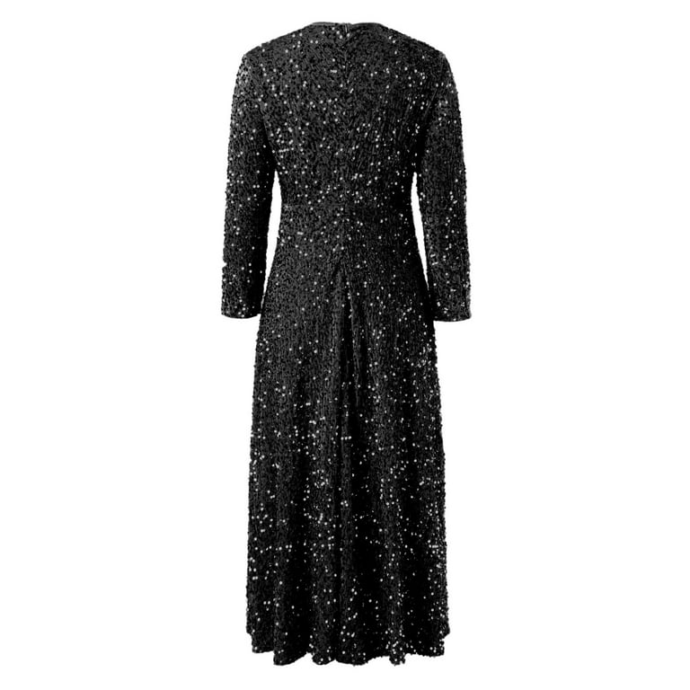 Graduation Dresses For Women 2024 Sequin Dress Long Dresses Dress Round Neck Long Sleeve Velvet Sparkly Pleated Dress Prom Dresses