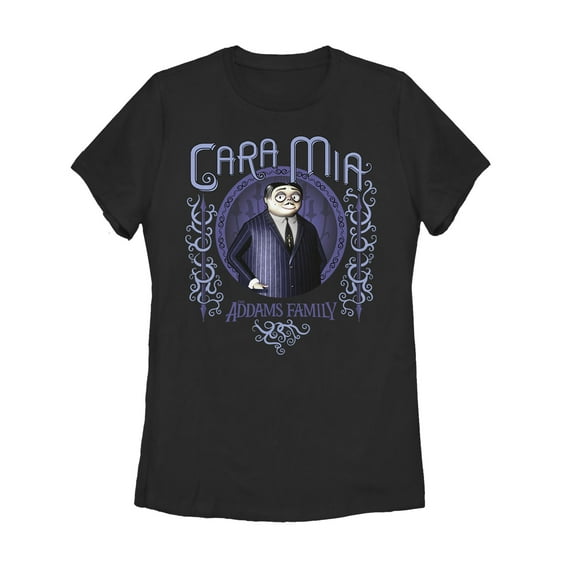Women's Addams Family Gomez Cara Mia Portrait  Graphic Tee Black Small