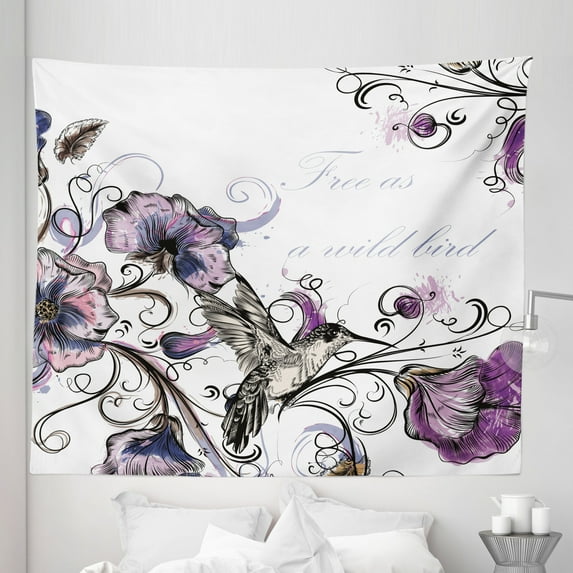 Bird Tapestry, Flowers Leaves Bird and Classic Patterns Curvy Lines Ornament Nostalgic Art, Fabric Wall Hanging Decor for Bedroom Living Room Dorm, 5 Sizes, Purple Black, by Ambesonne