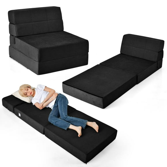 Giantex Folding Chair Bed Floor Sofa Bed, Upholstered Guest Chaise Lounge Trifold Mattress for Bedroom Living Room Dorm Furniture, Video Gaming Sofa Bed Sleeper Convertible Chair (Black)
