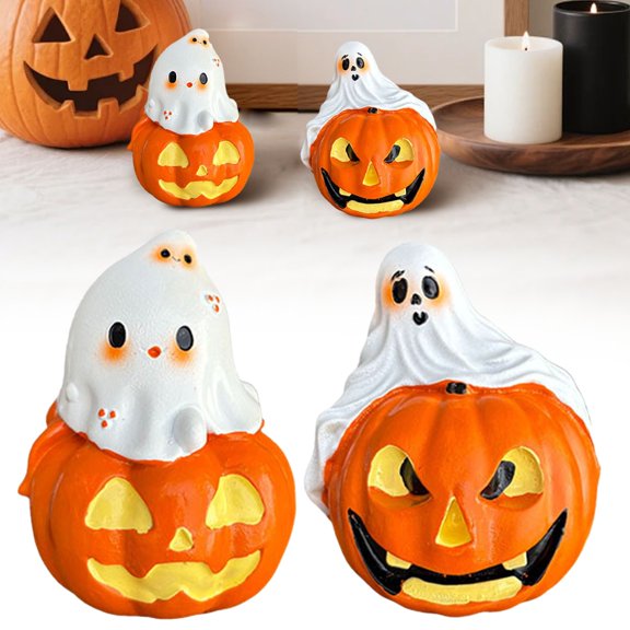 SeekLGT Halloween Ghost Decor Cute Ghost Hugging Pumpkin Statue Resin Desktop Ornament Figurine for Layered Trays Table Centerpiece Office Home Indoor Decor, 1 pc