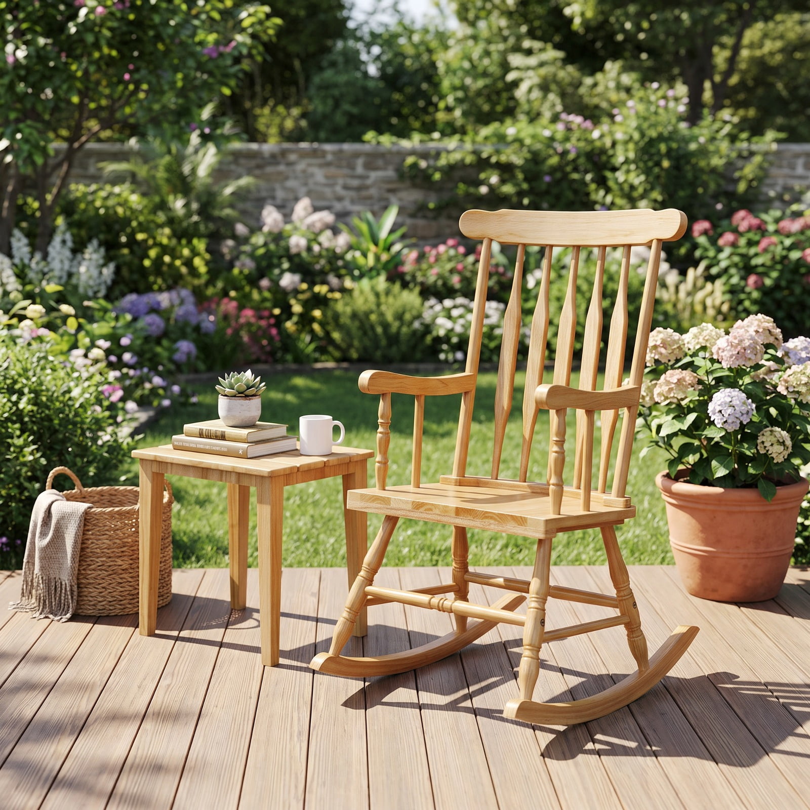 Furnibear Outdoor Rocking Chair Solid Rubber Wood for Outdoor Garden Balcony Natural 300 lbs Capacity