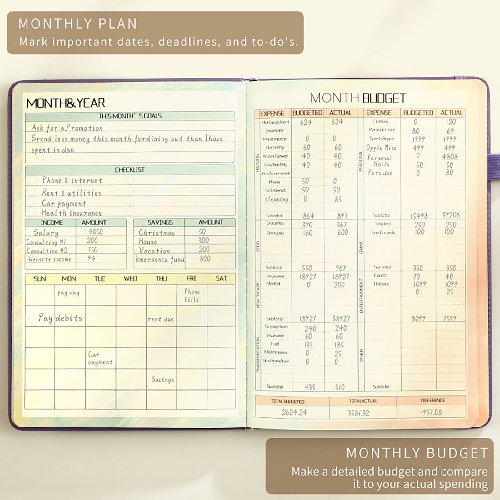 CSSJKYJ Budget Planner - Expense Tracker Notebook with 8 Stickers. Monthly Budgeting Organizer, Finance Logbook & Accounts Book, Bill Tracker, A5 (Purple)