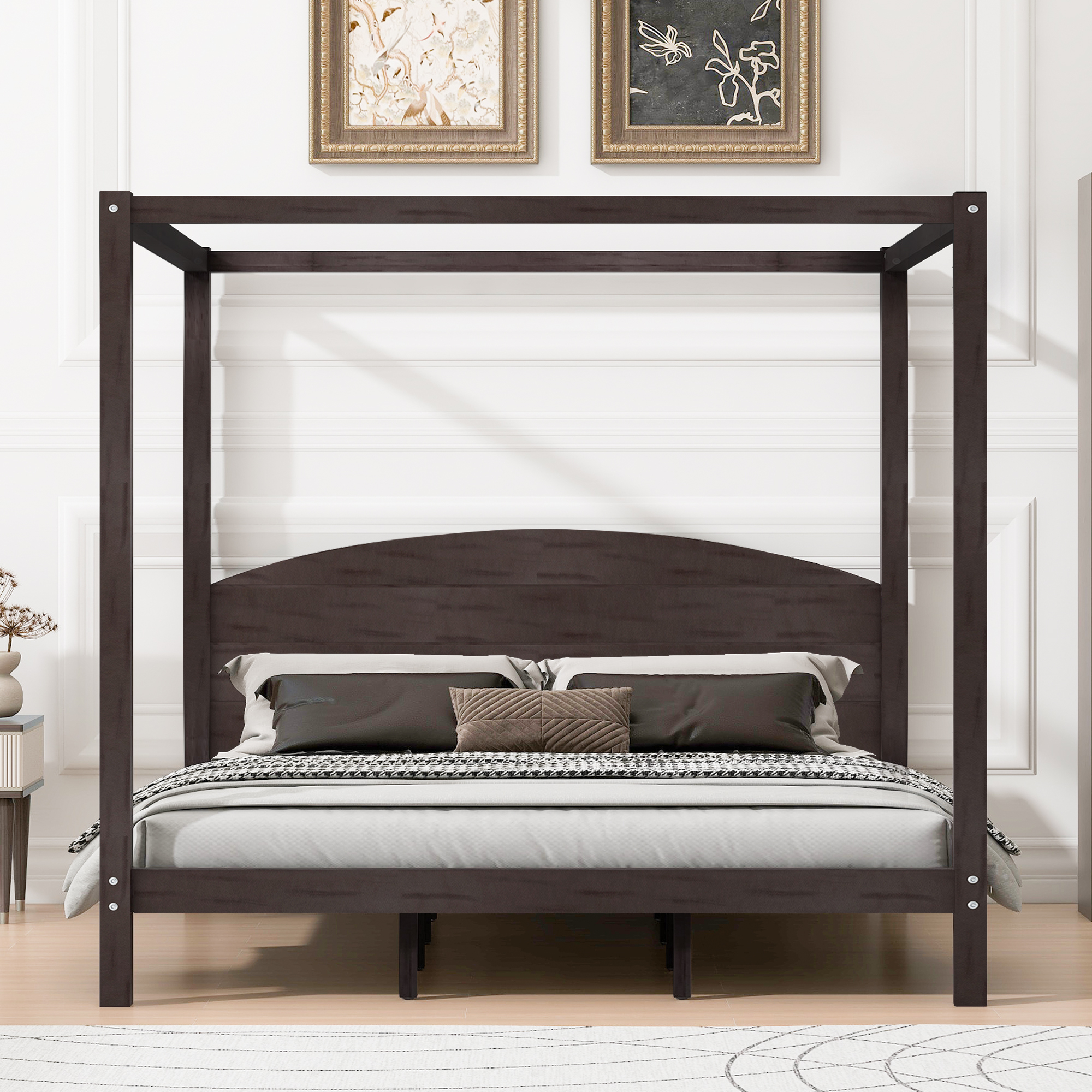 EUROCO Wood King Size Canopy Bed Frame, Solid Wood Platform Bed Legs for Kids Teens Adults, Brown