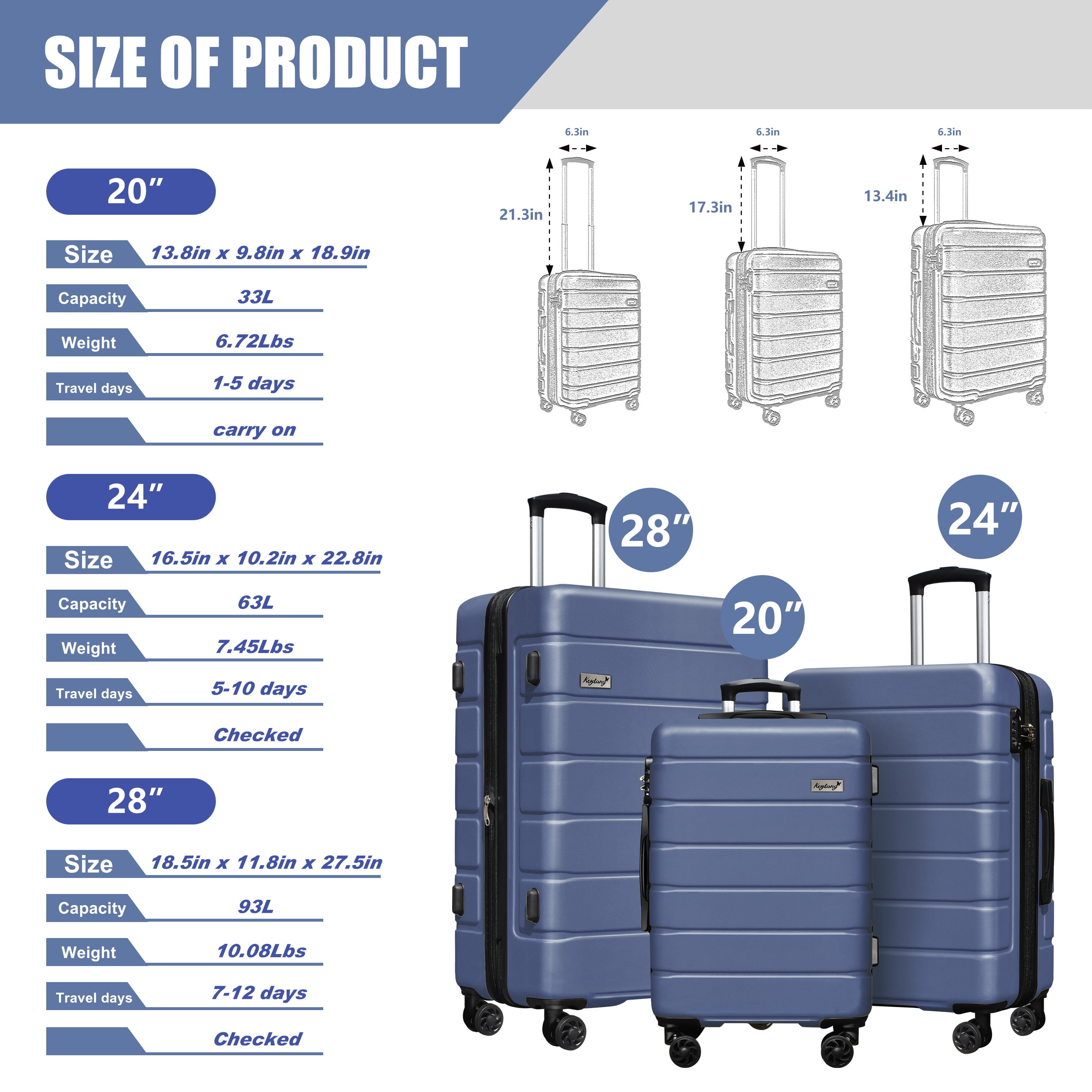 Keytang Lightweight Hardside Expandable Spinner Wheels Luggage Suitcase W/TSA Lock 3-Piece Set，Navy Blue