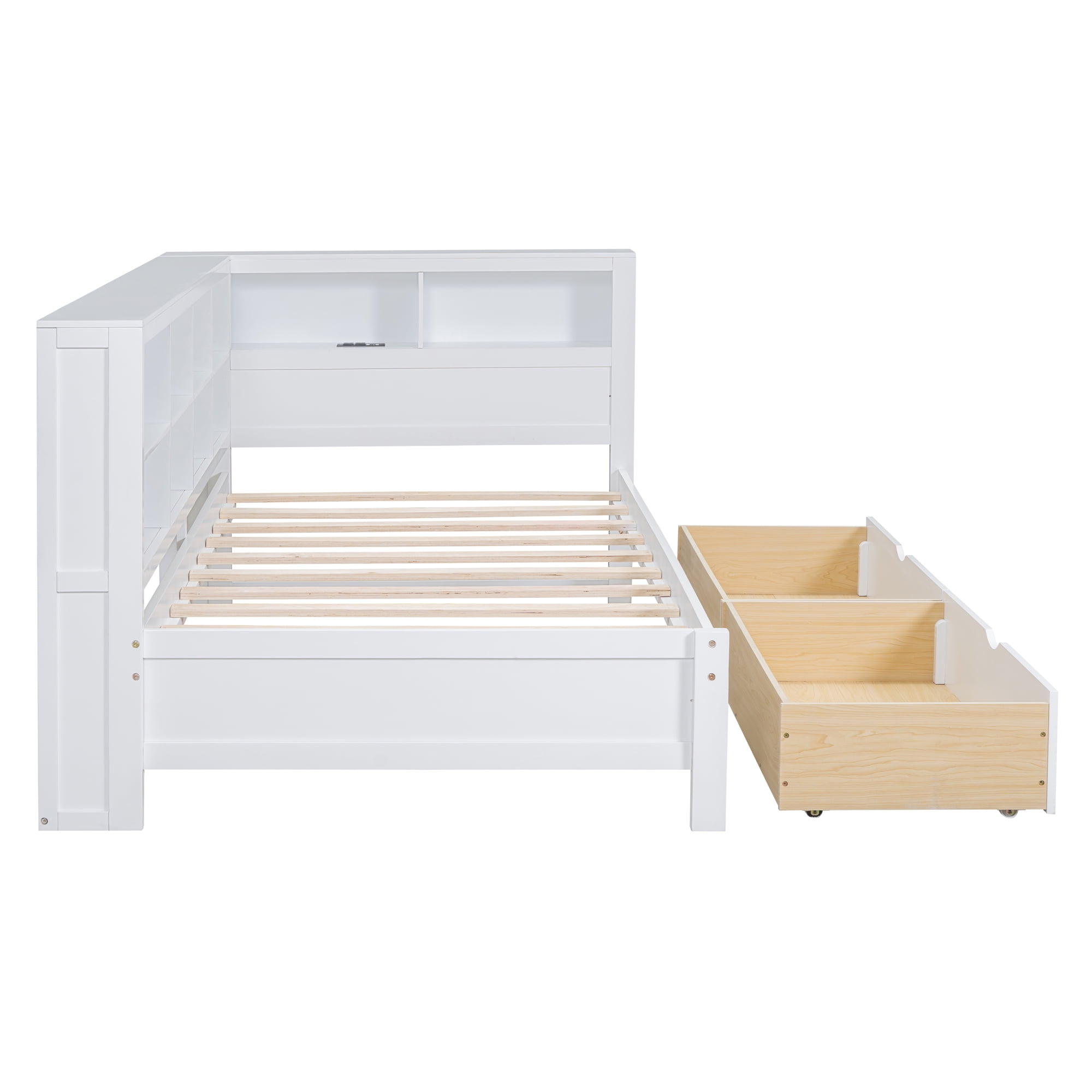 Mintazer Twin Daybed with Storage Headboard & Charging Station, 2 Drawers & Shelves for Kids Bedroom, White