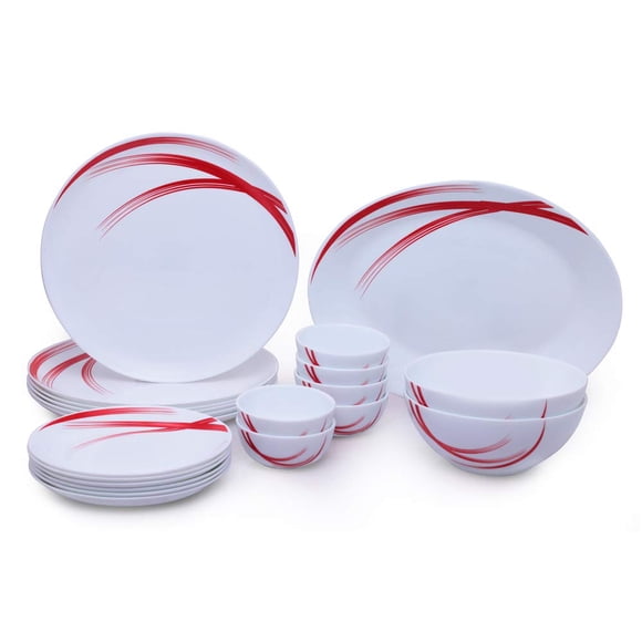 Larah Moon Series Red Stella Opalware Dinner Set - 21 Pieces For Family Of 6, White | Crockery Set For Dining & Gifting - Bone Ash Free, Microwave & Dishwasher Safe