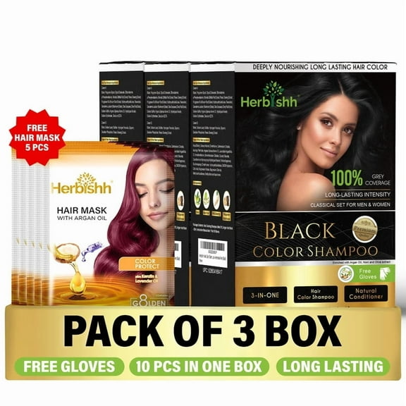 Herbishh Hair Color Shampoo for Grey Hair – Hair Dye Shampoo with Bio-Active Ingredients – Long Lasting Color – Travel-Friendly Pack (30 x 30ml Sachets)   5 Pack Hair Mask Sachets (Black)