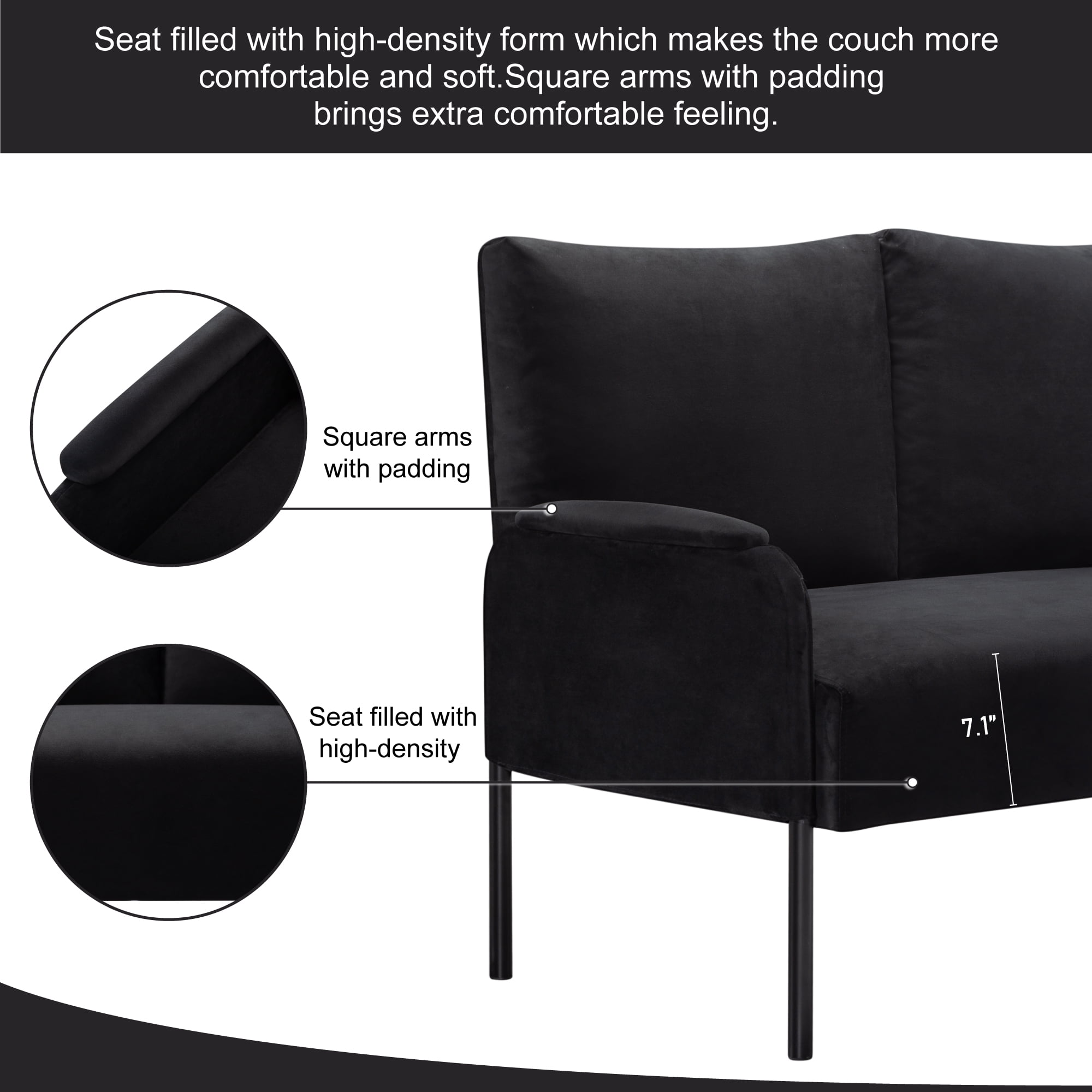 Gewnee 45.7”Loveseat Couch for Small Spaces,Mid-Century Modern 2-Seater Sofa with Metal Frame & Black Legs,Removable Washable Back Cushion Cover,Easy Assembly.Black