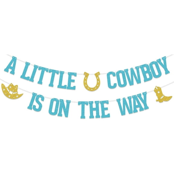 A Little Cowboy is On The Way Banner - Western Cowboy Baby Shower Gender Reveal Party Decorations Blue & Gold