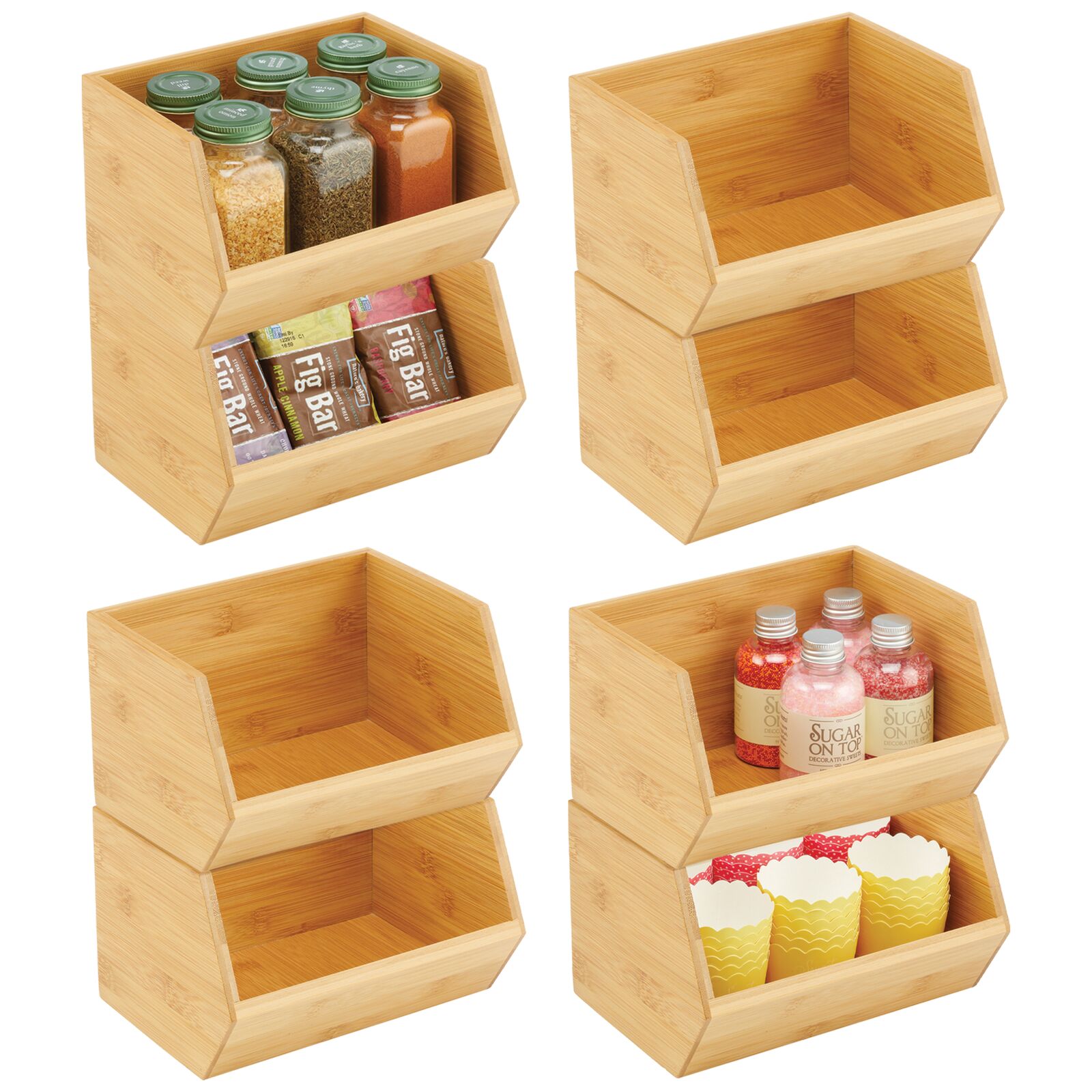 mDesign Bamboo Stackable Food Storage Bin Box Organizer Wide Open