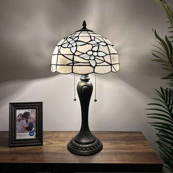 Tiffany Table Lamp White Stained Glass Flowers Included LED Bulbs Pull Chain Switches For Living Room Bedroom Bedside 12"W*12"D*22"H