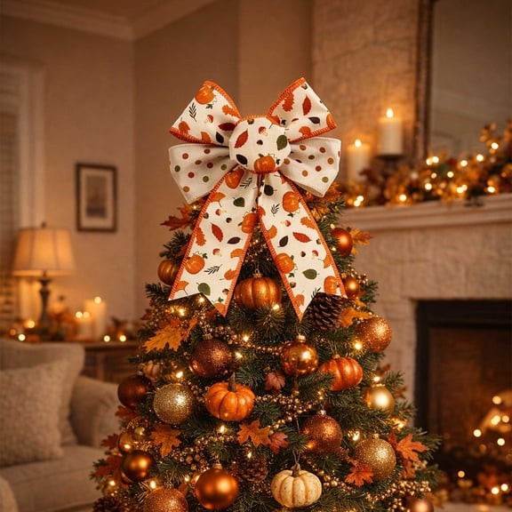 BUDAO00 Fall Pumpkin Bow Decoration, Pumpkin Print Ribbon Bow with Layered Loops and Long Tails, for Wreath, Front Door, Christmas Tree, Mantel and Thanksgiving Decor, Home and Party Decor