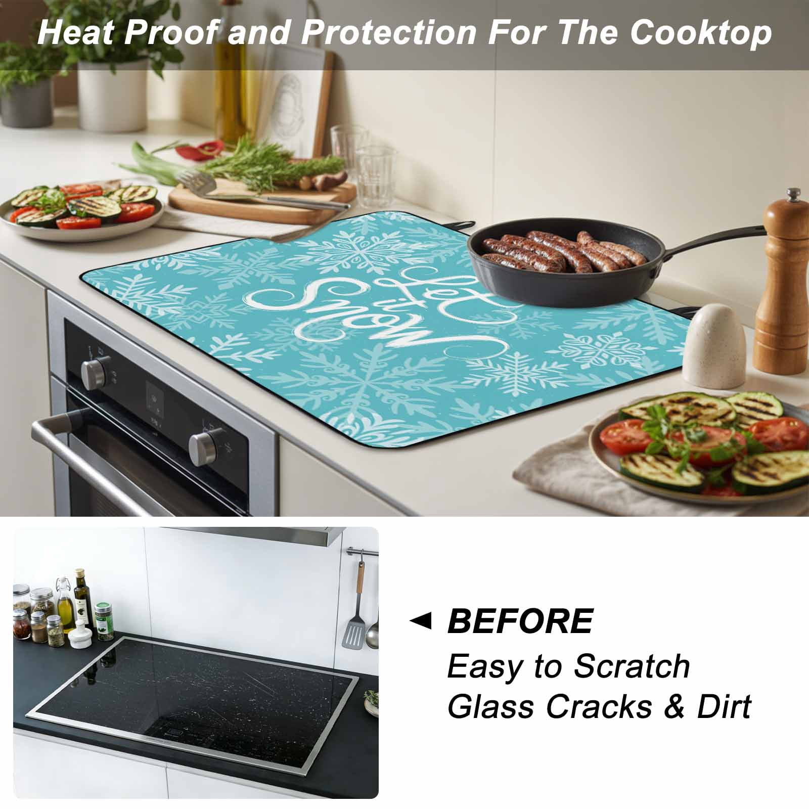 Turquoise Christmas Stove Top Cover for Electric Stove, Heat-proof & Non Slip Glass Top Stove Cover Protector, Winter White Snowflakes Patterned Kitchen Flat Cooktop Rubber Mat 24x21 Inches