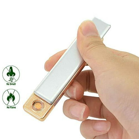 Elite Brands USA USB Rechargeable Windproof Heating Coil Fingerprint Mini Lighter, Ideal for Cigar Cigarette Smoking, Flameless Without Butane, Trendy Slim Metal Lighter (Silver) (Best Butane Lighter Brand)